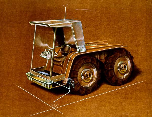 Industrial artist's color rendering of what an International Harvester "Powermatic" tractor of the future may look like ("future farm machines").