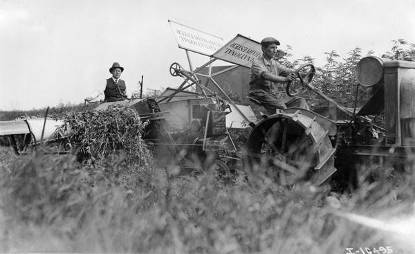 Men harvesting hemp with an International 8-16 tractor and a hemp harvester.