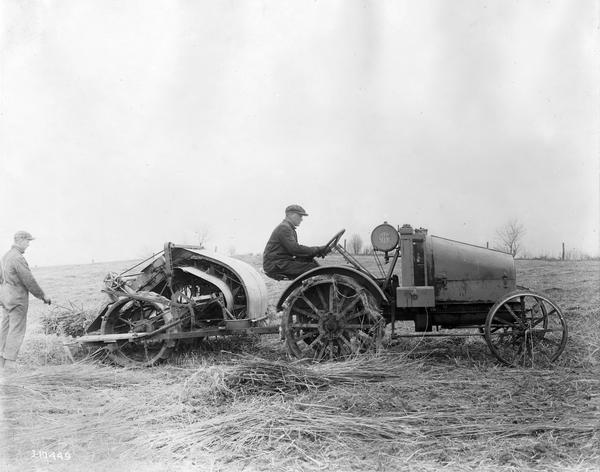 Workers harvesting hemp with an International 8-16 tractor and a hemp gathering and bundling machine (binder?). After retting, hemp gathering machines were used to tie the material into bundles for further curing.