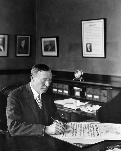 Alexander Legge (1866-1933) signing a statement titled "Quality and Costs" for an advertising poster. Legge was president of International Harvester Company from 1922 to 1929. He was vice chairman of the War Industries Board during World War I and later appointed chairman of the Federal Farm Board by President Hoover in 1929. He became president of International Harvester again in 1931 and remained in that position until his death in 1933.