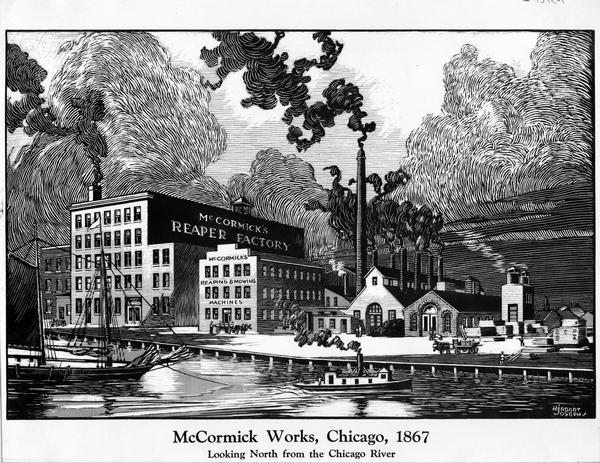 Engraving of the McCormick Reaper Works as it appeared in 1867. The factory was located on the north bank of the Chicago River, east of the Rush Street bridge. The factory was built in 1847 by Cyrus McCormick and his partner Charles M. Gray. The factory was destroyed in the Chicago Fire of October 8-9, 1871.