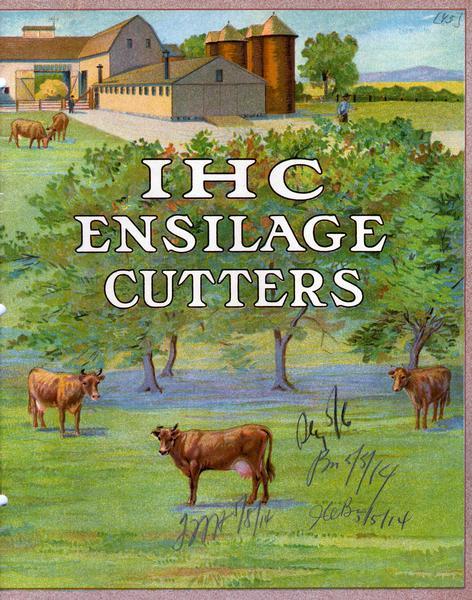 Cover of an advertising catalog for IHC ensilage cutters showing a farm with cows in the foreground and the farm buildings in the background.