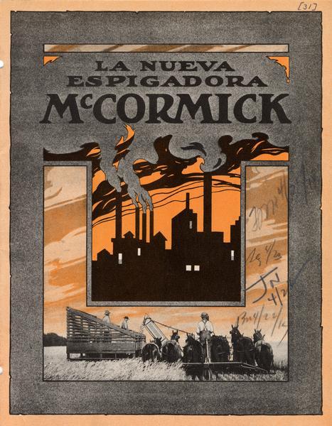 Cover of a South American advertising catalog showing a man operating a horse-drawn push binder.  An inset shows an industrial skyline with factory buildings and smokestacks. Text on the cover reads: "La Nueva Espigadora McCormick." The catalog was printed for distribution in Argentina by Agar, Cross & Co.