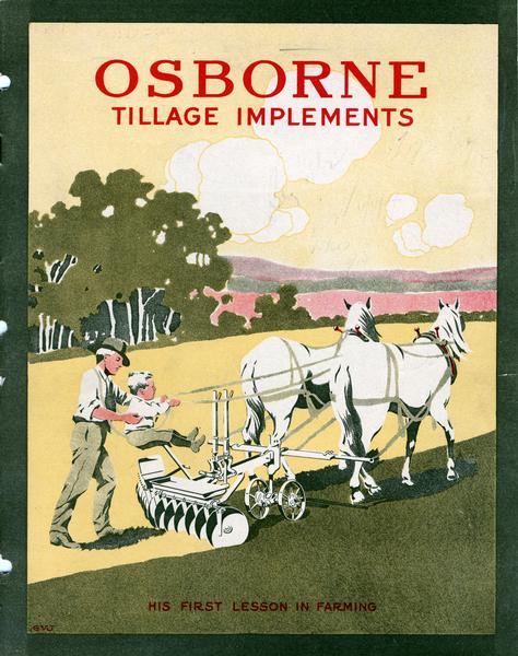 Cover of an advertising catalog for International Harvester's Osborne line of tillage implements showing a farmer and son in a field with a horse-drawn disk harrow. A caption below reads: "his first lesson in farming."