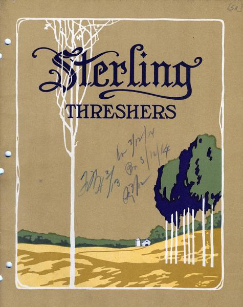 Cover of an advertising catalog for Sterling threshers sold by International Harvester Company showing a farm scene with trees and farm buildings in the distance.