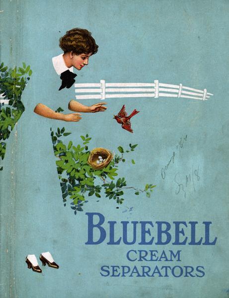 Cover of an advertising catalog for International Harvester's Bluebell line of cream separators. Features an illustration of a woman encountering a bird and its nest of eggs.