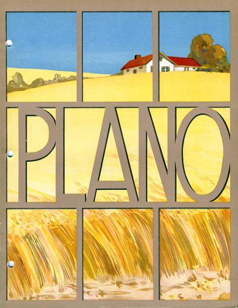 Cover of an advertising catalog for International Harvester's Plano line of agricultural equipment. Features an illustration of a farm and field seen through rectangular panes and the "Plano" name.