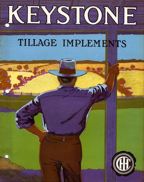 Cover of an advertising catalog for International Harvester's Keystone line of tillage implements. Features an illustration from behind of a man standing on a porch looking out over the landscape.