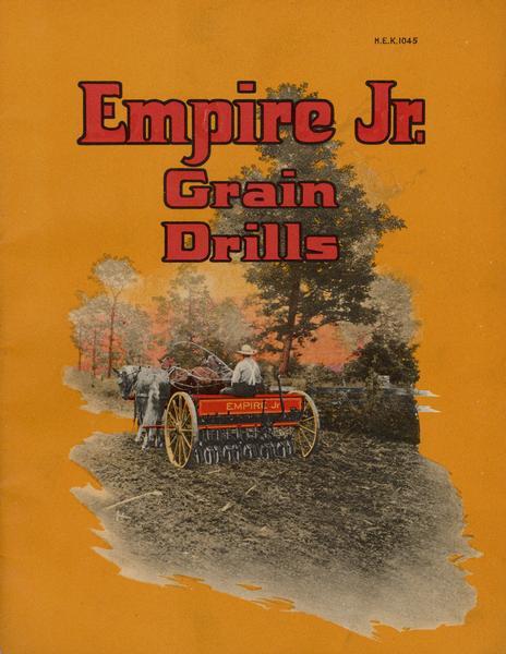 Cover of an advertising catalog for the Empire Jr. line of grain drills manufactured by the American Seeding-Machine Company of Richmond, Indiana. The machines were sold by International Harvester. Features a color illustration of a farmer in a field with a horse-drawn disk drill.