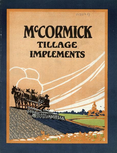 Cover of an advertising catalog for McCormick tillage implements. Features an illustration of a farmer in a field with a horse-drawn disk harrow.
