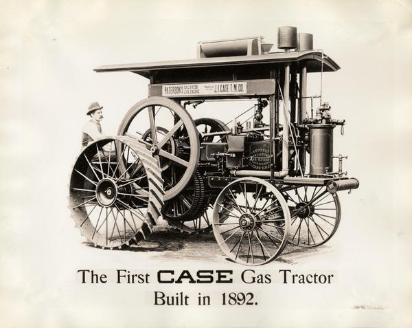 First gas tractor built by the J.I. Case Threshing Machine Company of Racine, Wisconsin. Original caption reads: "The first Case gas tractor built in 1892." The tractor featured a Paterson balanced gas engine.