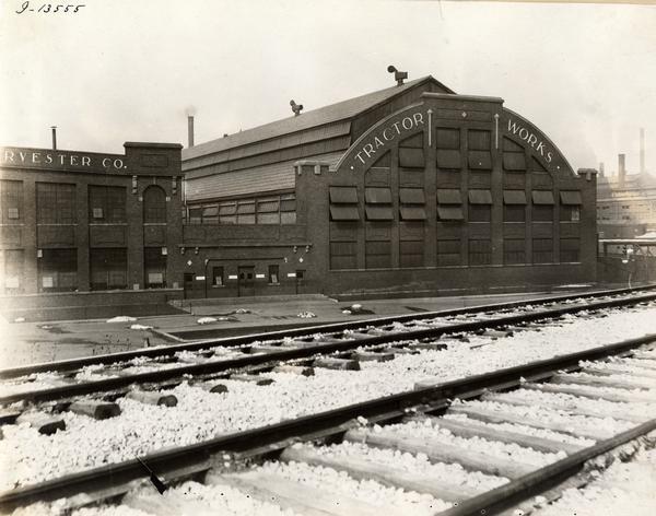 Exterior of International Harvester's Tractor Works. Railroad tracks are in the foreground. The factory was located at 2600 West 31st Blvd. and was in operation from 1910 to 1972.