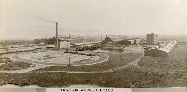 Panorama of International Harvester's Tractor Works including a tractor test track. The factory was located at 2600 West 31st Blvd. and was in operation from 1910 to 1972.