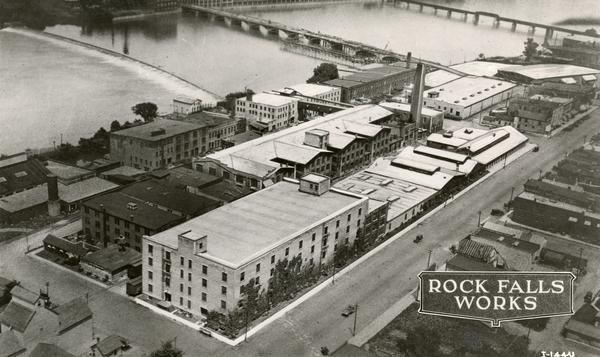 Aerial view of International Harvester's Rock Falls Works. The factory was owned by the Keystone Manufacturing Company until 1904, when the company was purchased by International Harvester. The factory was known within the company as the "Keystone Works" before 1920.