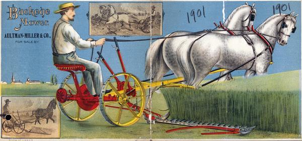 Portion of an advertising leaflet for Aultmann, Miller and Company featuring a color chromolithograph illustration of a farmer in the field with a horse-drawn Buckeye mower.