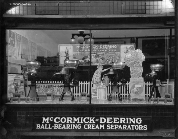 Dealer display window featuring McCormick-Deering ball-bearing cream separators.