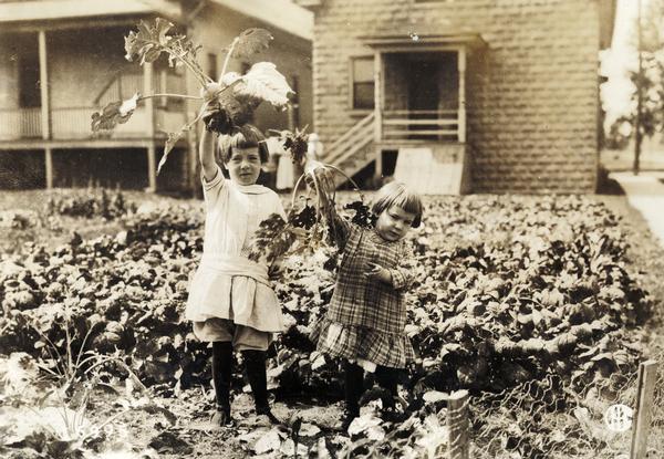 Two young girls holding up plants from a vegetable garden. Houses are in the background.