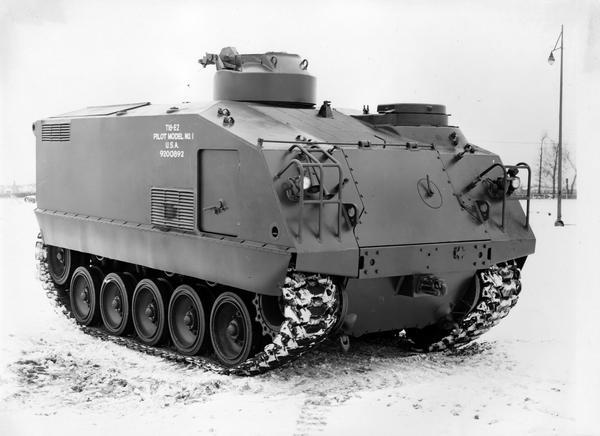 T18-E2 armored infantry full-track vehicle with a T-122 gun mount. The vehicle was built for the U.S. military by International Harvester.