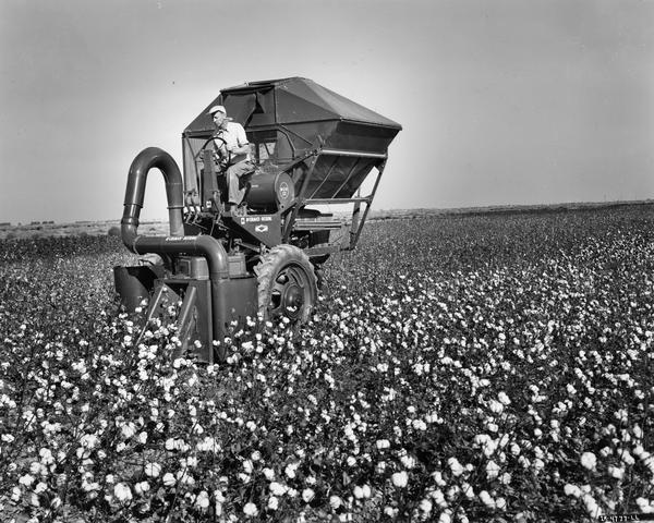 Man harvesting cotton with a McCormick-Deering M-12-H cotton picker.