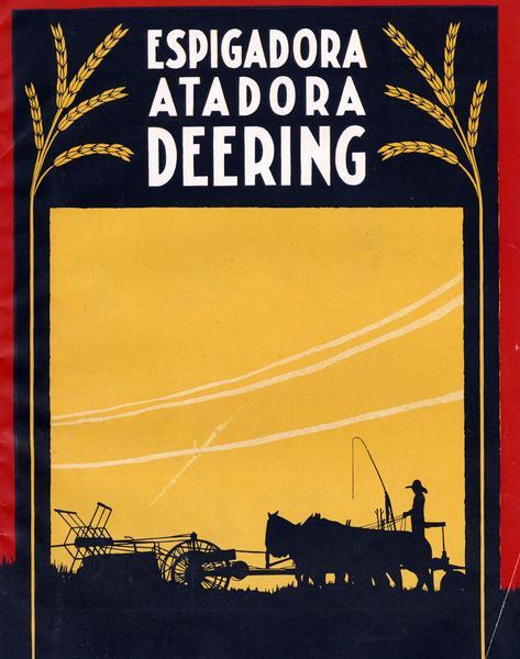 Cover of a Spanish advertising catalog for Deering grain binders and headers. Features a black silhouette of a man on a horse-powered push binder against a yellow background.
