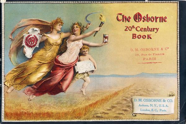 Cover of an advertising catalog featuring a chromolithograph illustration of angels flying over a field to herald the new century. The title reads: "The Osborne 20th Century Book." The angel on the left is holding an Osborne logo in one hand and a hand scythe in the other. The second angel holds a torch and an hourglass. The male angel on the right holds a sign that reads: "1900."