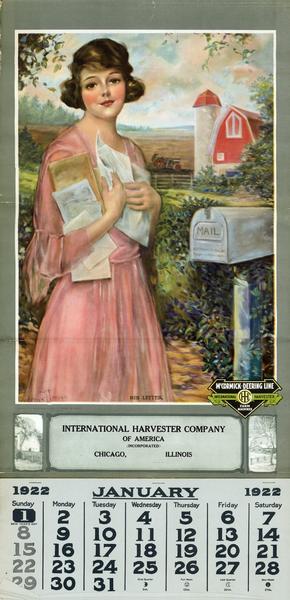 Advertising calendar for McCormick-Deering Line Farm Machines featuring an illustration of a woman clutching letters by a mailbox surrounded by a picturesque rural landscape. The text beneath the woman reads: "His Letter" and the illustration is signed by Frederick Duncan in the lower left corner.