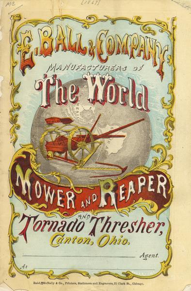 Cover of an advertising brochure for E. Ball & Company, "manufacturers of The World mower and reaper, and Tornado thresher." Cover features a color illustration of a mower over a globe.