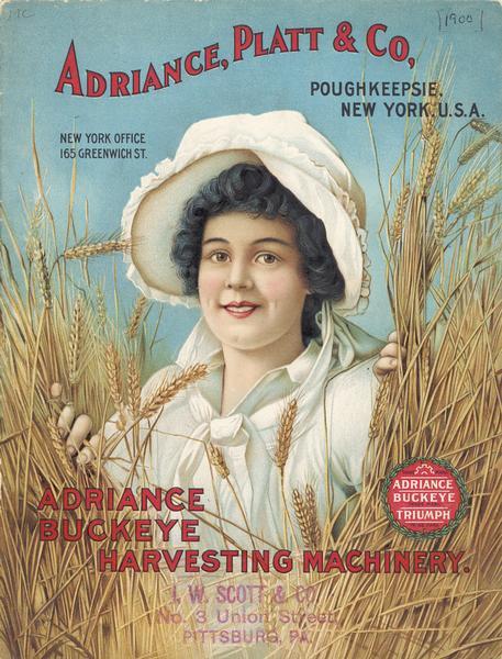 Cover of a catalog for Adriance, Platt & Company featuring an illustration of a woman in a wheat field. Adriance, Platt & Co. manufactured Buckeye and Triumph farm machinery.
