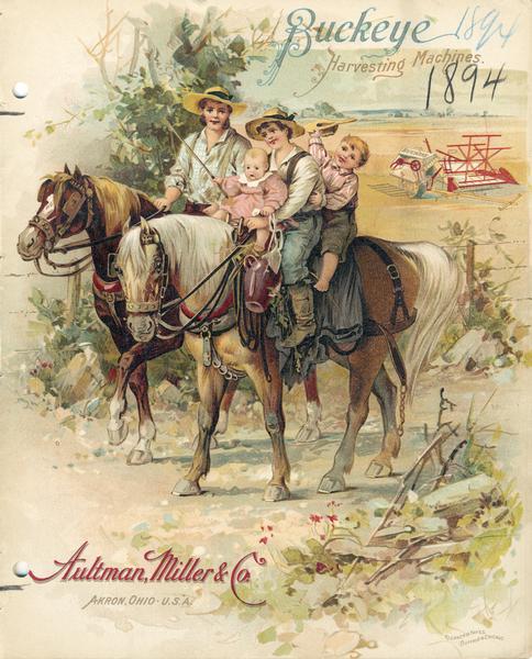 Cover of an advertising brochure for Buckeye harvesting machines manufactured by Aultman, Miller & Company. Cover features an illustration of a man, woman, child and infant riding horses in a field with a Buckeye grain binder in the background.