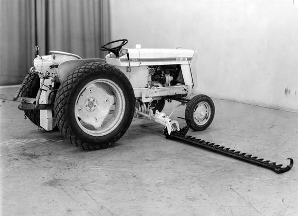 Engineering photograph of an International Cub Lo-Boy 154 tractor with MX-9 mower. The photo was submitted to International Harvester's Patent Department.