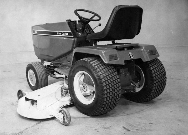Engineering photograph of an International Cub Cadet 782 tractor with 63" mower. The photo was submitted to International Harvester's Patent Department.