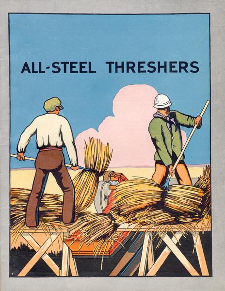 Cover of an advertising brochure for International Harvester All-Steel Threshers showing two men threshing hay with pitchforks and a thresher. The catalog was printed in the U.S. for export overseas.
