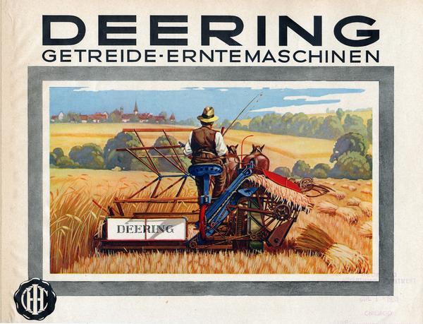German advertising leaflet for International Harvester's Deering line of grain binders. Features a color illustration of a farmer in a field with horse-drawn Deering binder.
