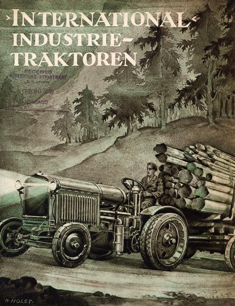German advertising flyer for International industrial tractors. Features an illustration of a man hauling a large load of logs with a tractor under the text: "International Industrie-Traktoren."