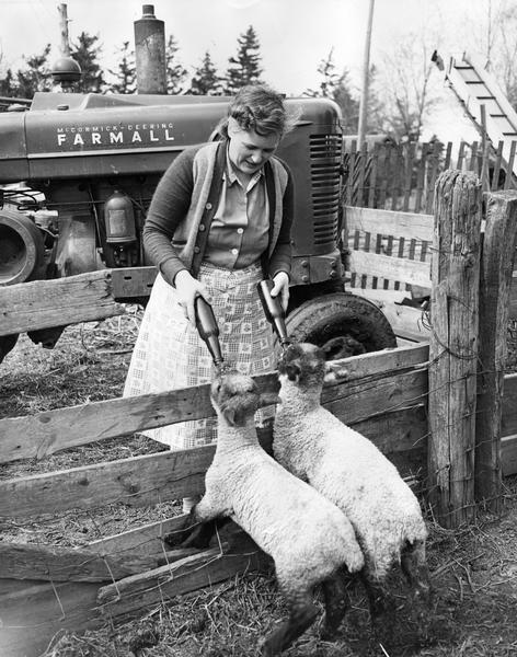 Mrs. Floyd French of Newton, Iowa feeds two orphaned lambs using beer or soda bottles. A Farmall tractor is in the background. According to the original caption, Mrs. French "uses same two bottles each year to save orphaned lambs."