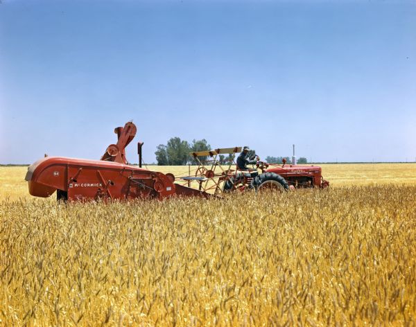 View across field towards a farmer operating a McCormick Farmall M tractor with a No. 64 combine (harvester-thresher).