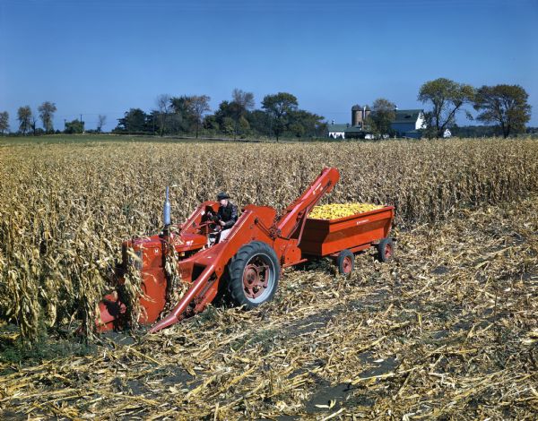 Elevated view of a farmer in a cornfield operating a McCormick 2-M mounted corn picker attached to a McCormick Farmall M tractor. Farm buildings are in the background.