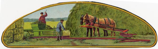 Fragment from a Russian advertising poster with a color illustration of men working on a farm with a horse-powered hay press.
