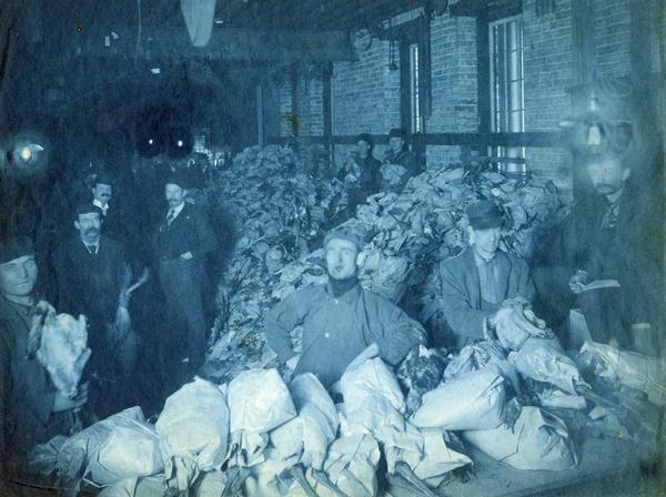 Men standing among piles of turkeys ready for distribution at International Harvester's Deering Works. The turkeys were distributed as Christmas gifts. The factory was owned by the Deering Harvester Company until 1902, when it became International Harvester's Deering Works.