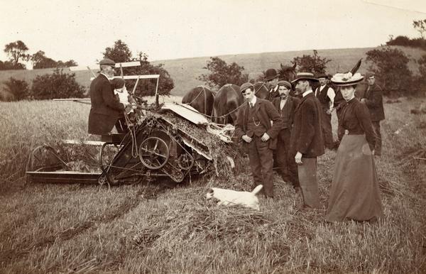 A woman, child, dog, and group of men are gathered around a harvester in a field. The caption reads: "Harvester History. Harvest of 1903. Jones Lever Binder sold by Morton and Simpson near Ballymena Ireland. Picture taken by Fred W. Jones. Note the famous Fly-Wheel."