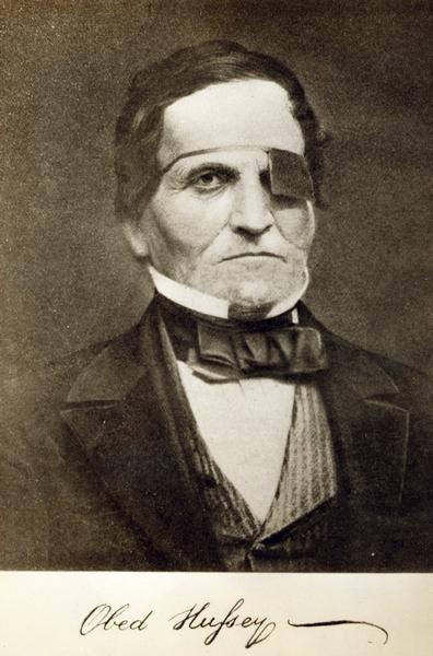 Quarter-length portrait of inventor Obed Hussey (1782?-1860) as it appeared in W.T. Hutchinson's biography of Cyrus Hall McCormick. He is wearing an eye patch over his left eye. Hussey demonstrated a mechanical reaper around the same time that Cyrus McCormick first demonstrated his machine. Hussey and McCormick were parties in a lengthy lawsuit regarding the invention of the "first reaper."