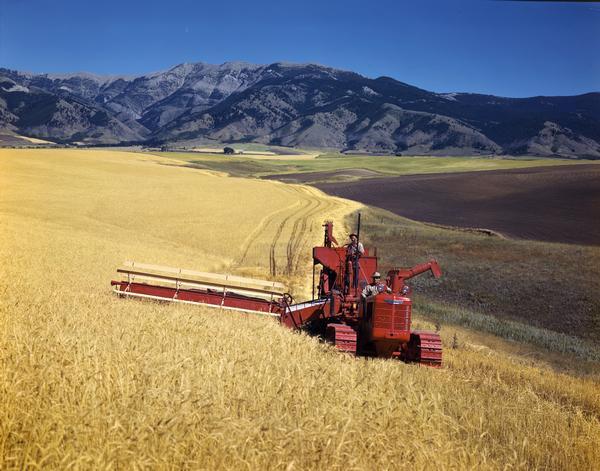 Two men harvesting wheat with an International crawler tractor (TracTracTor) and a No. 51 hillside harvester-thresher (combine). Mountains are in the far background.