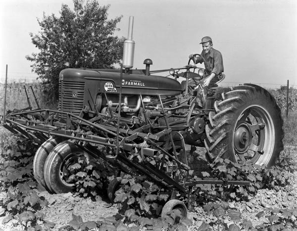 Man operating a McCormick Farmall Super M-TA tractor with a front row mount cultivator in a field.