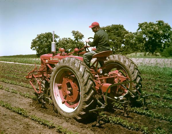 Left side view of a man operating a McCormick Farmall Super H tractor in a field.