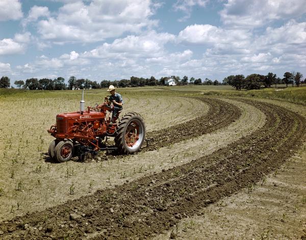 View towards a man in a field on a Farmall H tractor with a  mounted cultivator, either at or near the company's experimental farm in Hinsdale.