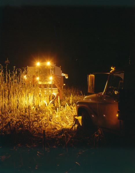 Farmer harvesting grain with International 915 combine (harvester-thresher) at night. There is a truck in the right foreground.