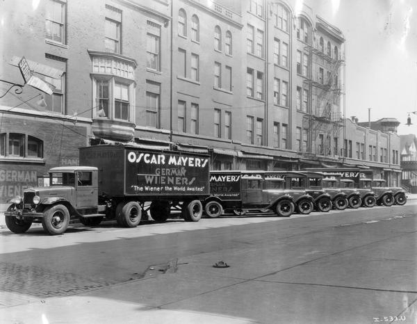 Fleet of parked International delivery trucks for Oscar Mayer. Included in the line up are the AW-2, AL-3 and A-5.