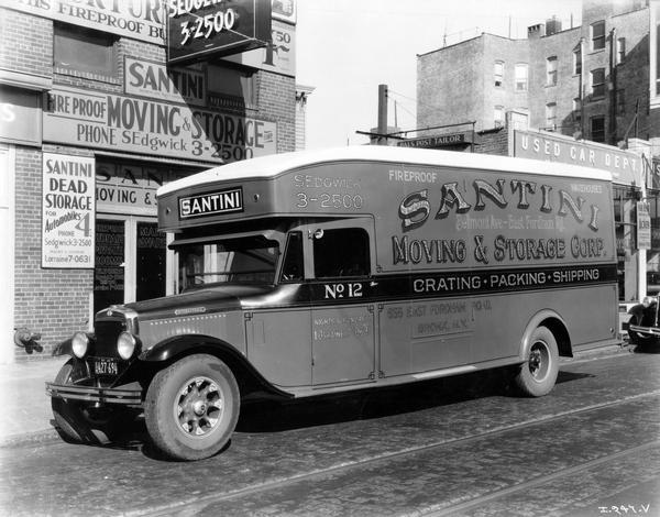 International moving truck for the Santini Moving & Storage Corp. parked in front of the company's headquarters in the Bronx, New York.