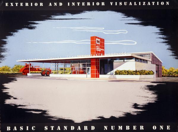 Front cover of an International Harvester booklet showing "exterior and interior visualizations" of prototype dealership buildings. The cover features a color illustration of the "basic standard number one" prototype design. The prototype dealerships were designed for the International Harvester Company by industrial designer Raymond Loewy.