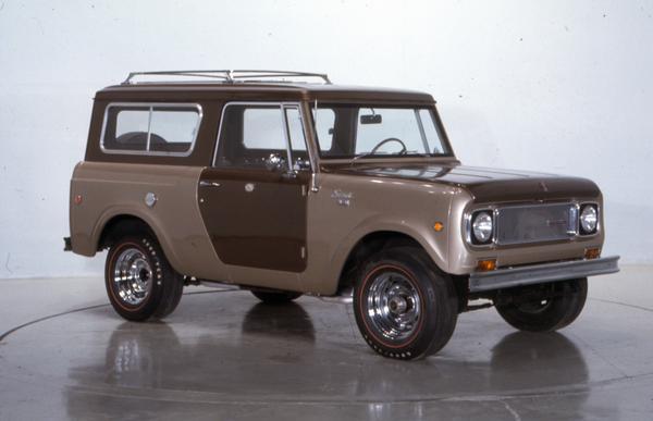 Color photograph of a 1968 International Scout pickup in a studio.